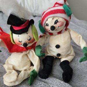 Annalee Holiday Elf and Snowman Plush Set - Red, Green, Black Vintage